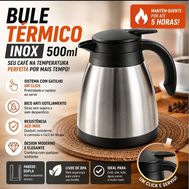 Bule Térmico Inox Elegance 500ml - Eficiência Térmica e Fácil Higienização