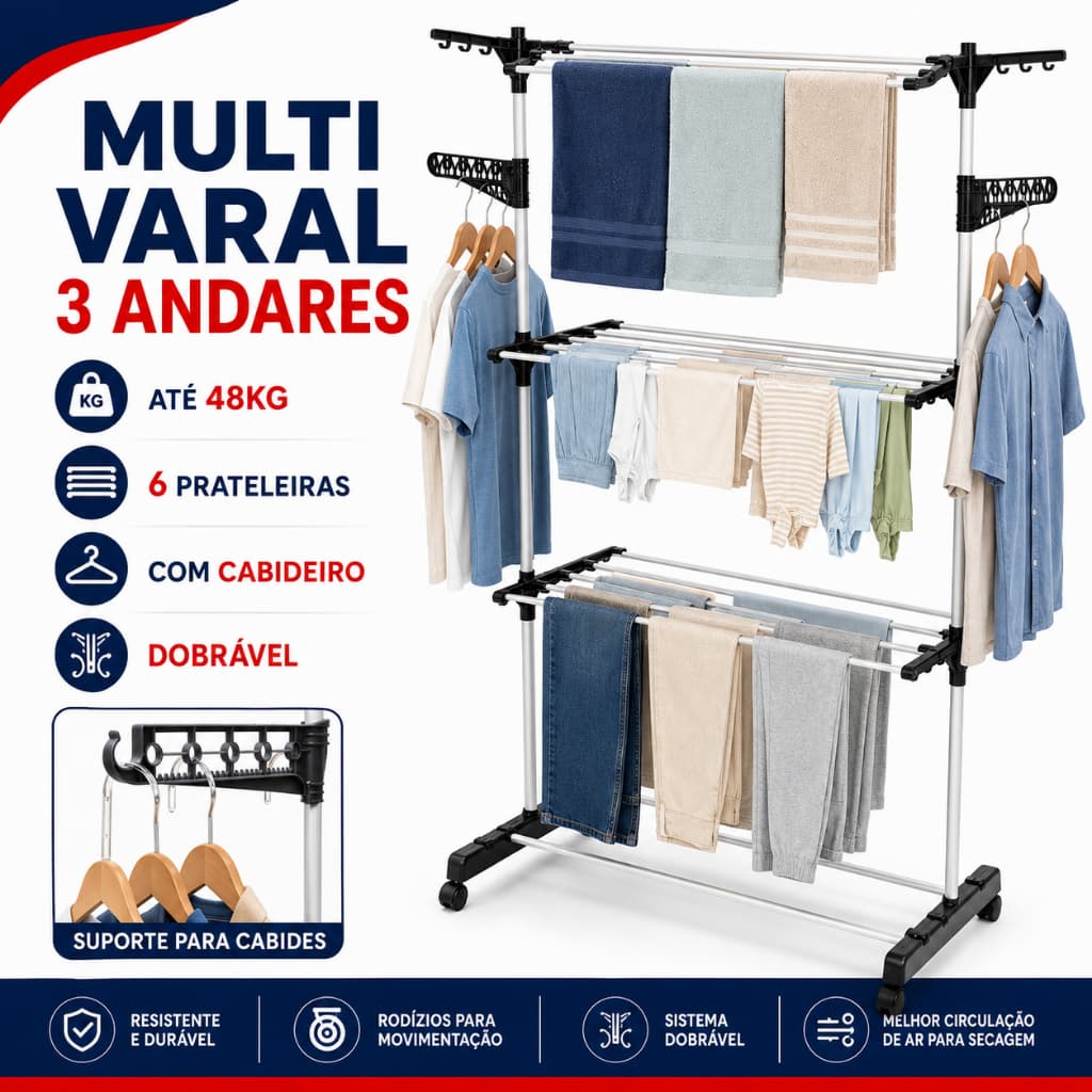 Varal De Chão Dobrável 3 Andares Com Rodas E 6 Prateleiras Cinza Preto Ou Azul