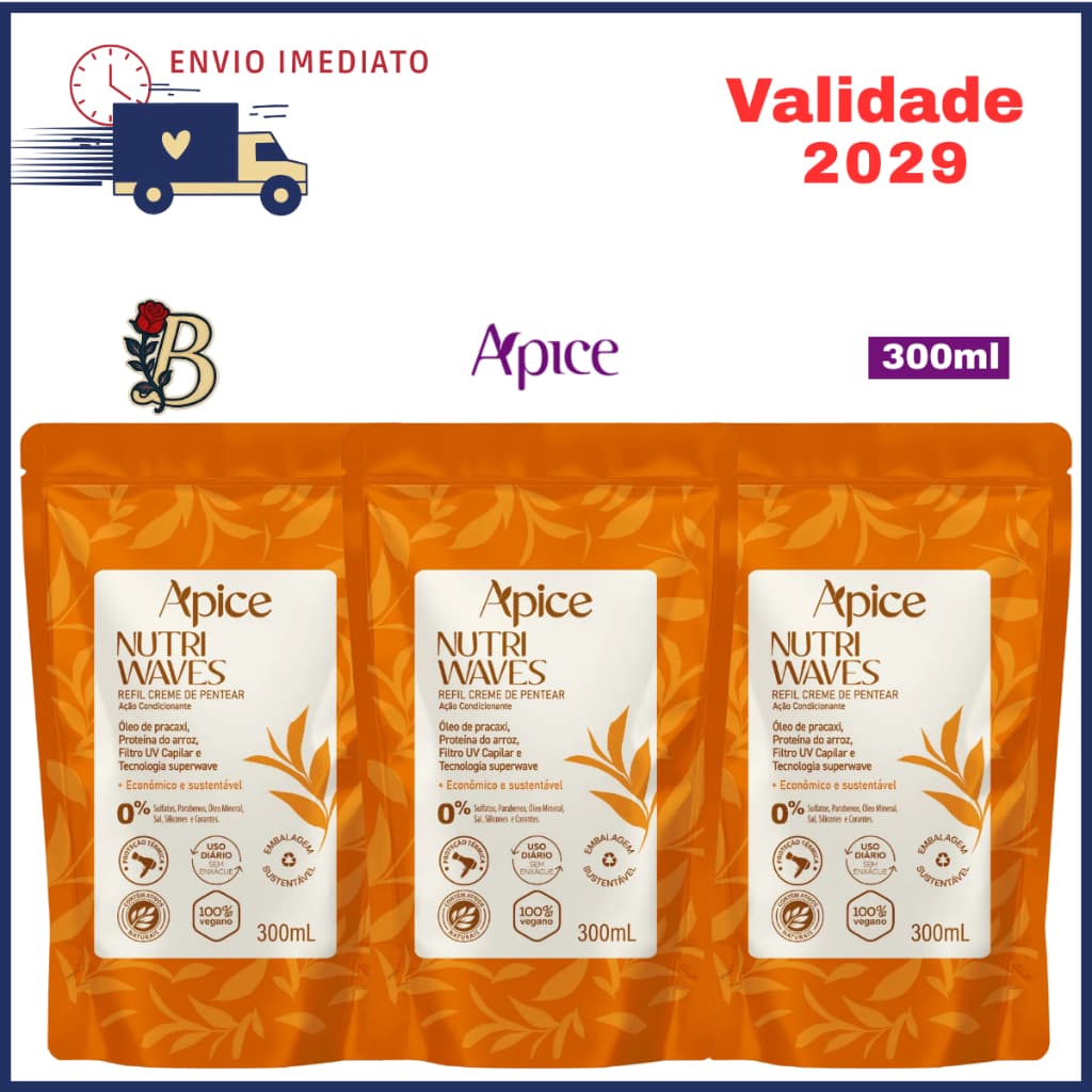 Kit 3x Refil Creme Pentear Apice Nutri Waves Cacheado Vegano 300ml