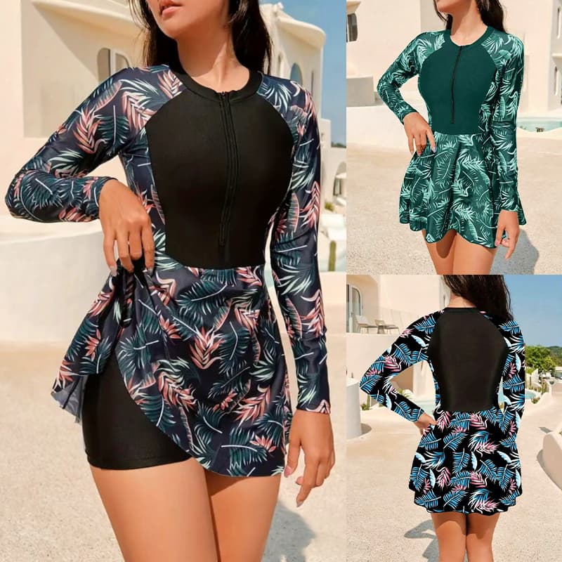 Maiô Feminino 2 Peças Manga Longa e Saia Conjunto Estampa Tropical com Shorts para Praia e Surf