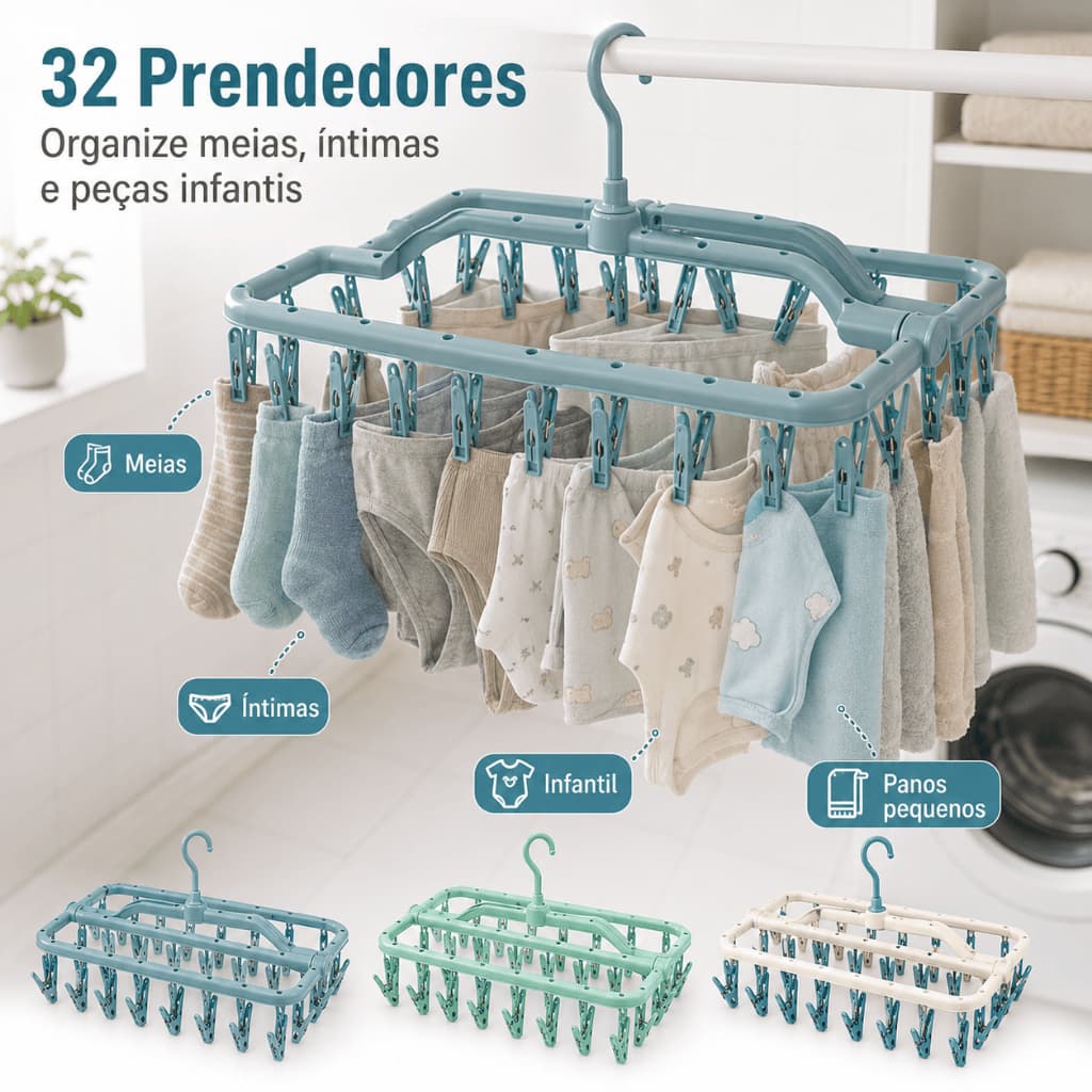 Varal Articulado Dobrável Com 32 Pregadores Cabide Para Meias Cuecas E Roupa Íntima