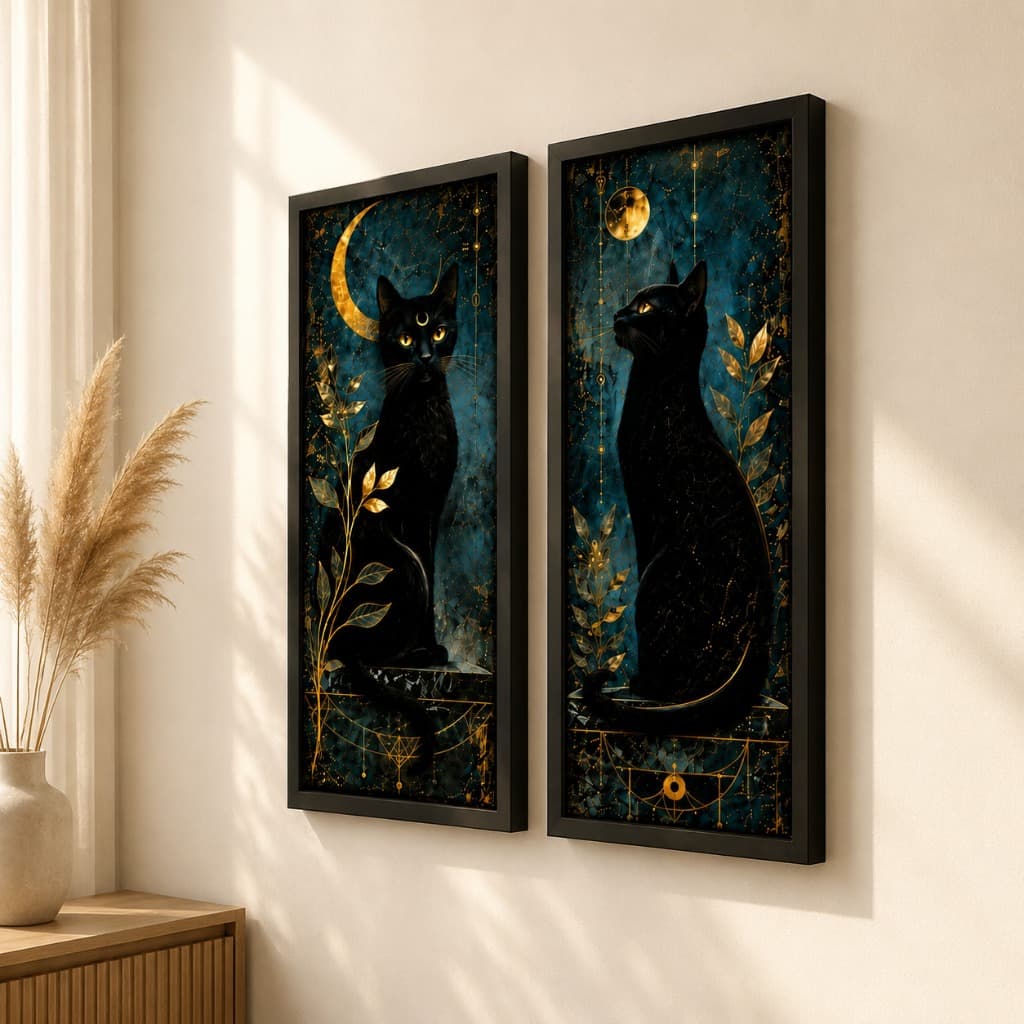 Quadros Decorativos Gatos Pretos Místicos – Kit 2 Peças Premium Dark Elegante