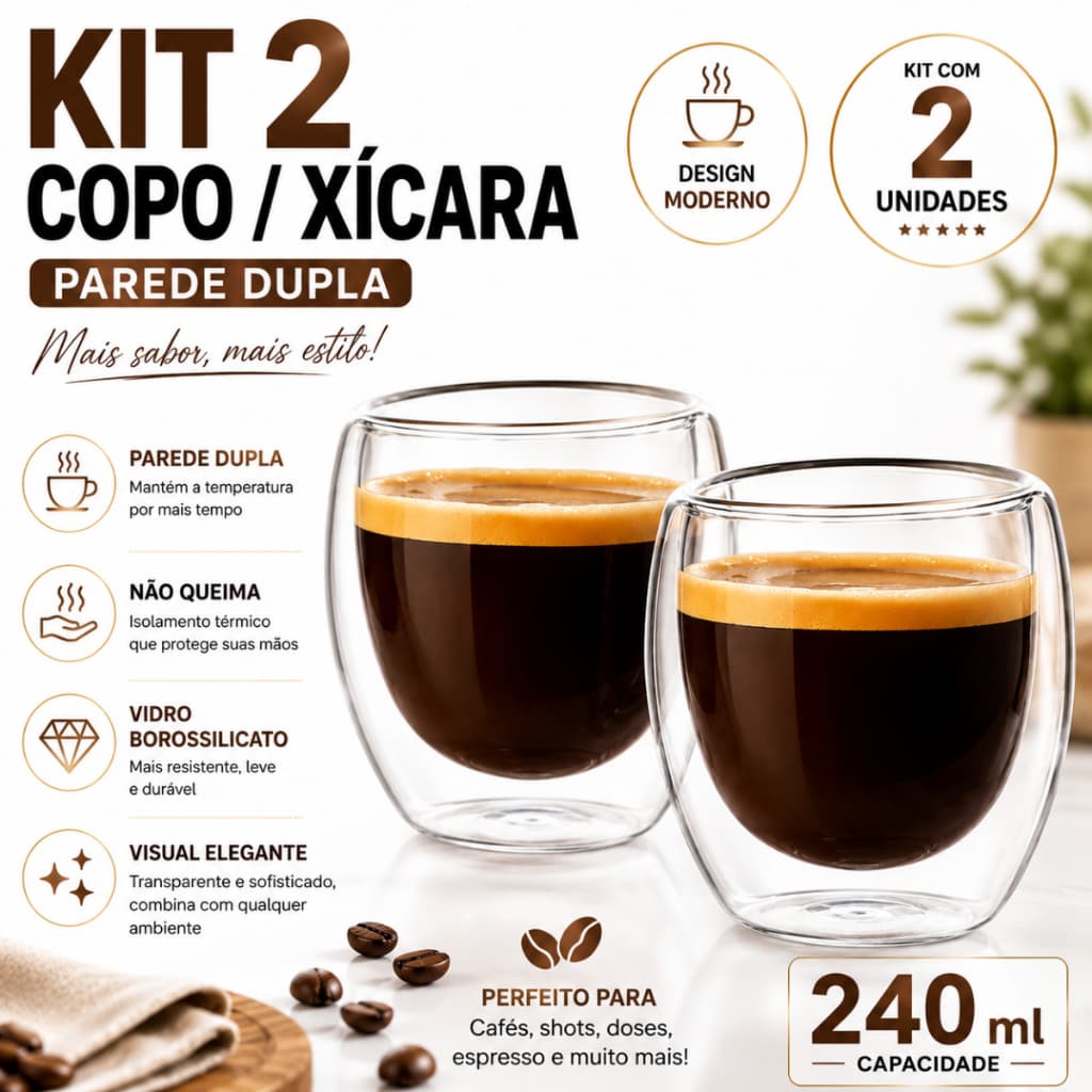 Copo Parede Dupla De Vidro 240ml Kit Com 2 Unidades Para Café Cappuccino Latte Escritório Casa