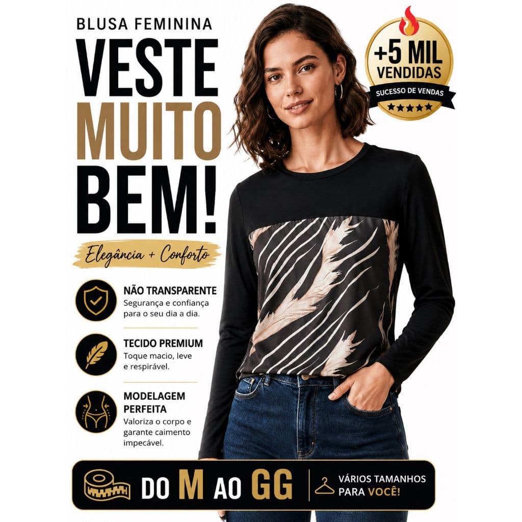 Blusa Feminina Manga Longa Viscolycra Premium Estampada Confortável Elegante Moda Casual Inverno