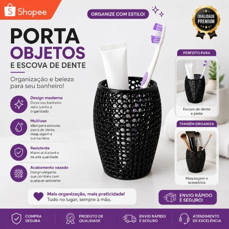 Porta Escova de Dente e Porta Objetos Organizador de Banheiro