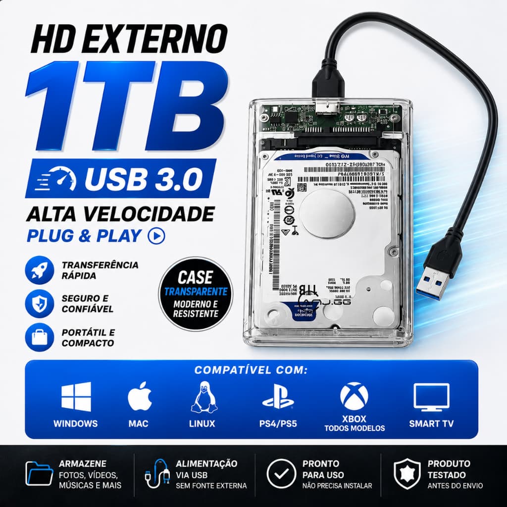 HD EXTERNO PORTÁTIL 1TB/1000GB USB 3.0 CASE TRANSPARENTE, PS2 PS3 PS4 PS5 XBOX PC NOTEBOOK