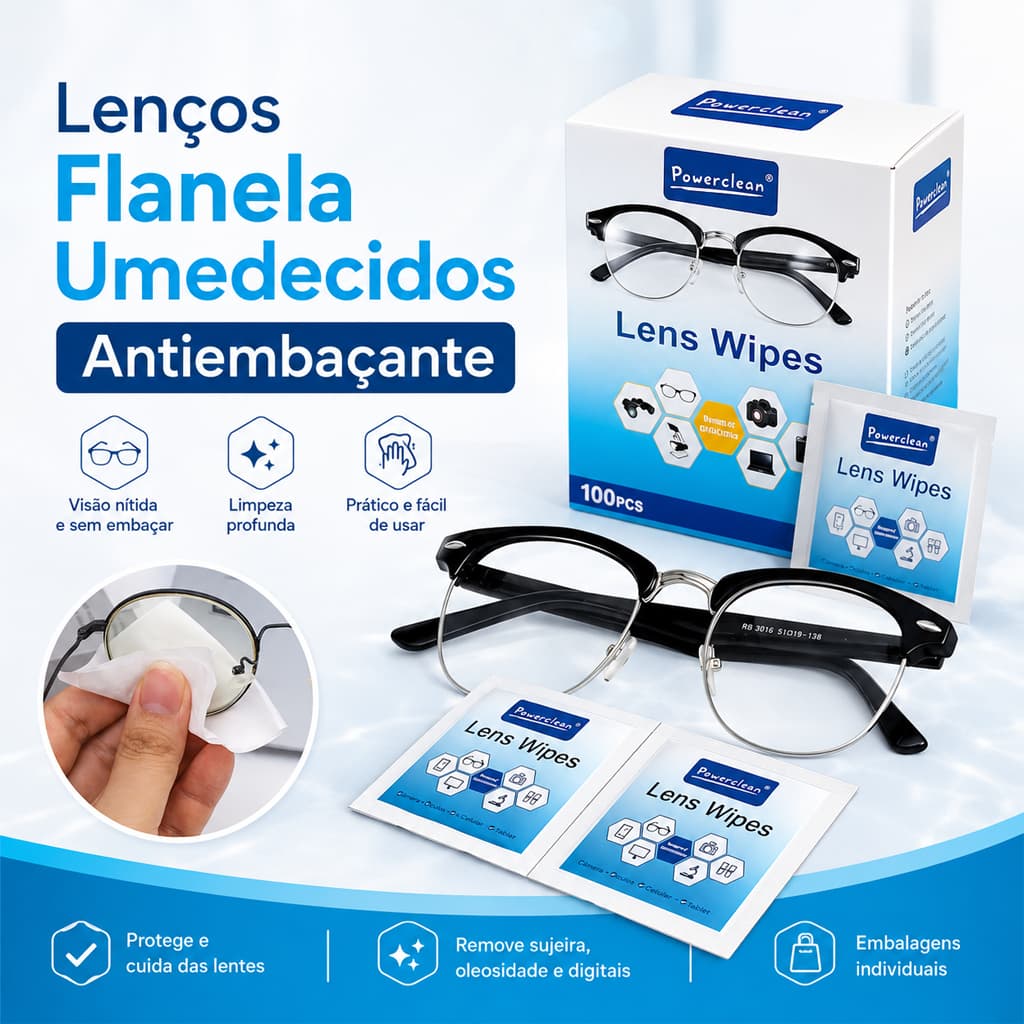 Kit 100/200 Lenços Flanela Umedecidos Antiembaçante Limpa Lentes Óculos Câmera Tela TV-626