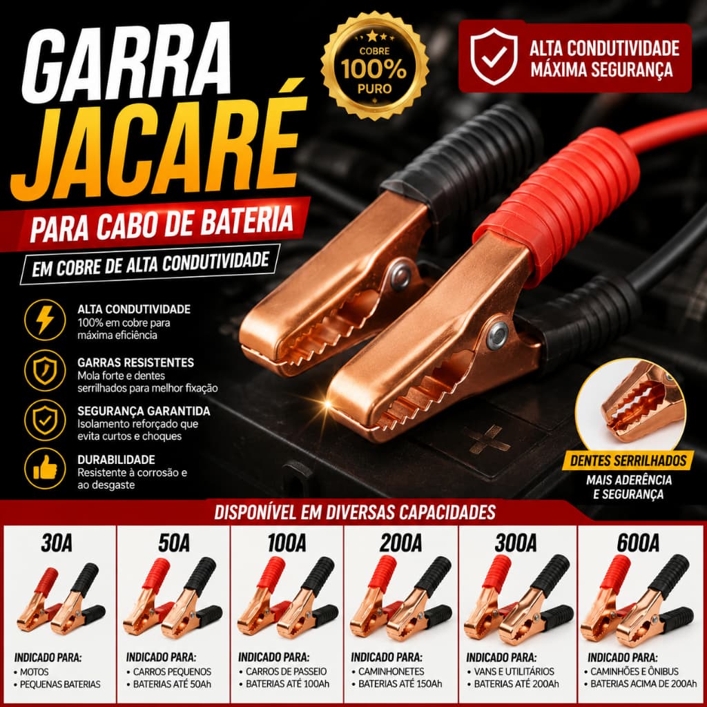 Kit 02Pç Garra Jacaré Para Cabo de Chupeta e Bateria Automotiva 30A 50A 100A 200A 300A 600A