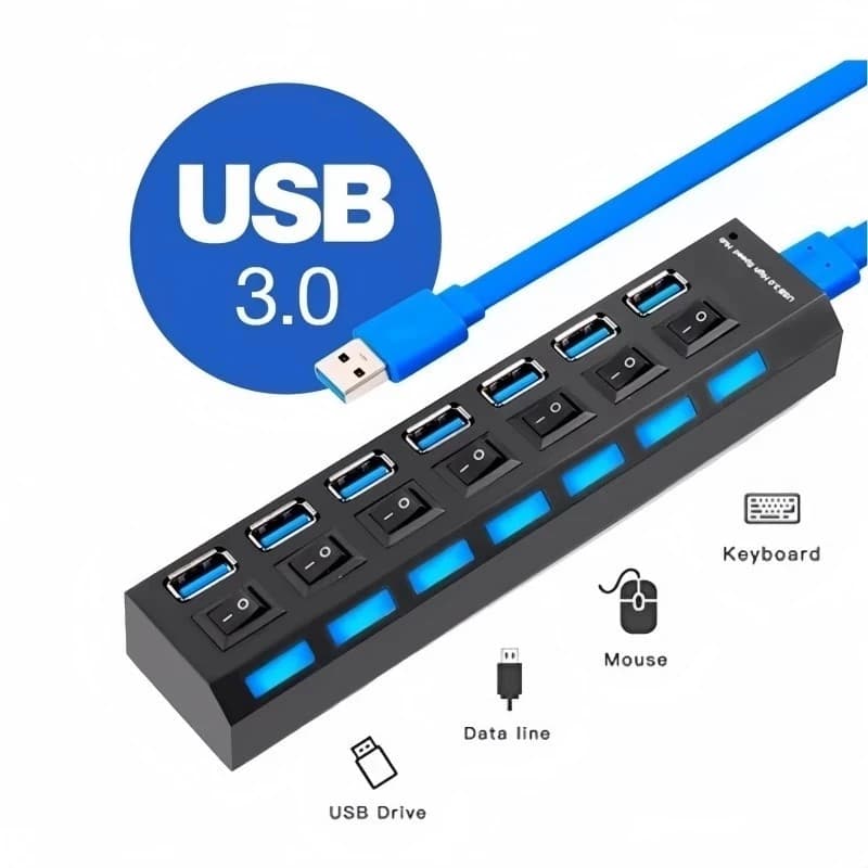 Extensão De Hub Usb 3.0 7 Portas Com Interruptor Seletor Pc Externo Hd Pendrive