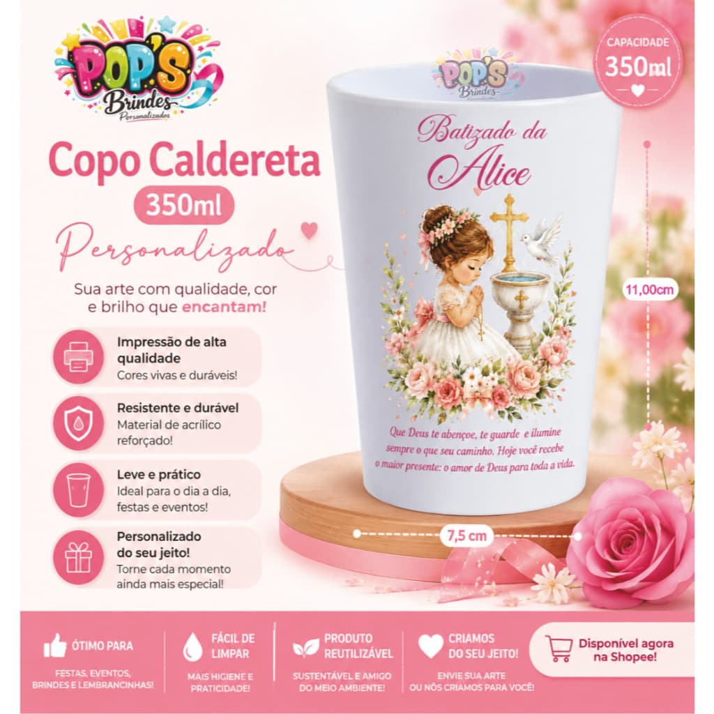10 Copos Caldereta 350 ml Personalizados Batizado