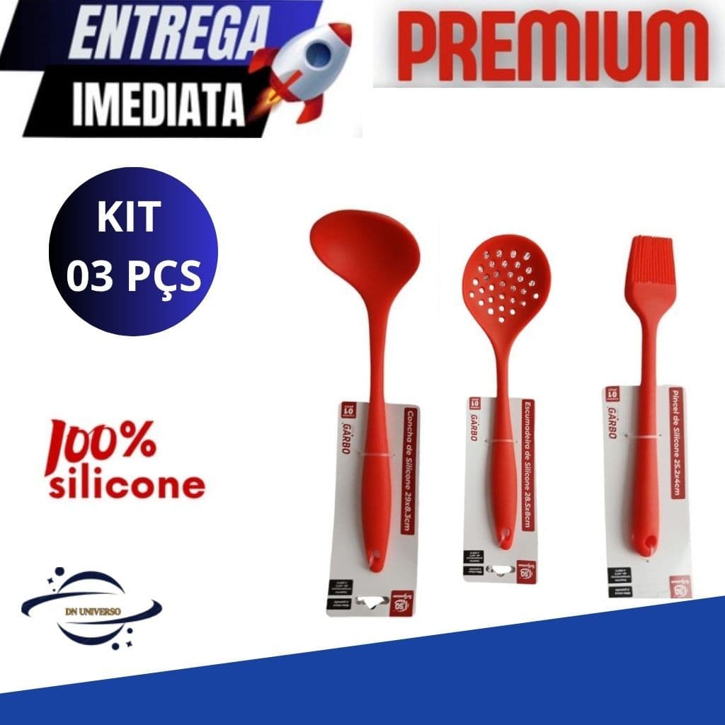 Kit 3 Pças Vermelho, Concha, escumadeira e Pincel ou Preto Concha, escumadeira e espátula vazada 100% Silicone