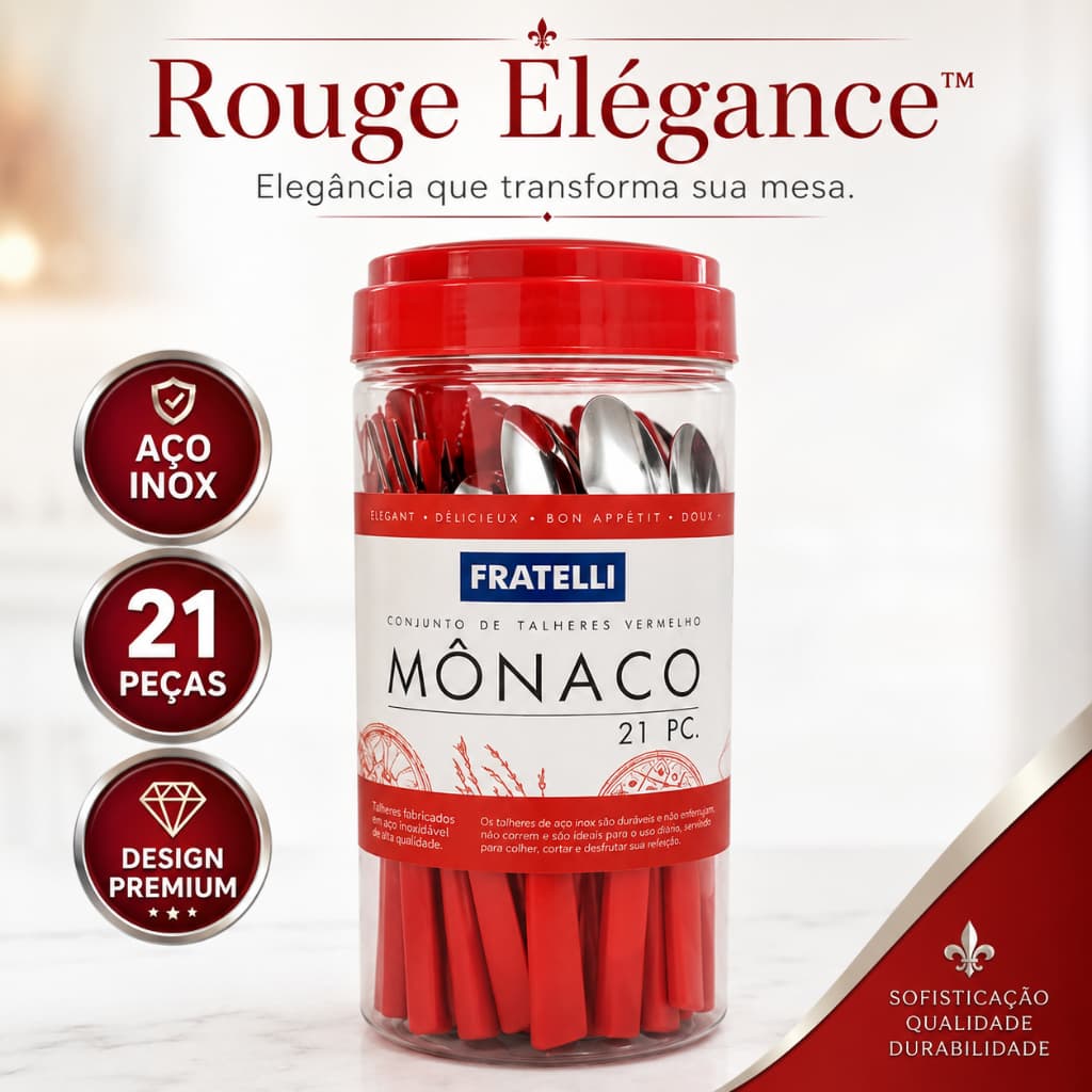 Conjunto de Talheres Inox 21 Peças Vermelho Premium com Porta Talheres Elegante Resistente