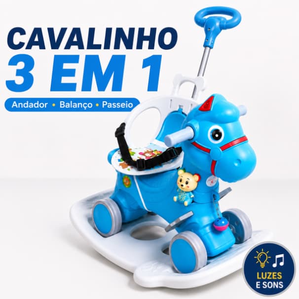 Cavalinho Infantil 3 em 1 com Luzes e Sons | Andador, Balanço e Passeio | Até 25kg