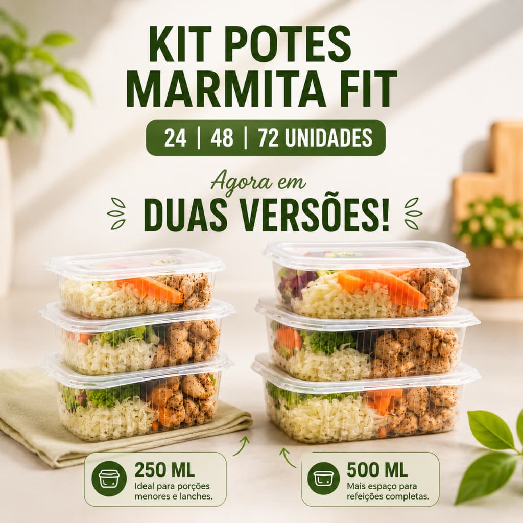 24/48/72 Pote Embalagem Marmita Descartável Retangular Plástico 250 ml 500ml Fitness