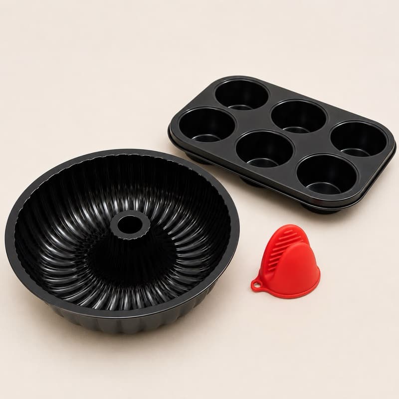 Forma de Bolo 24cm + Forma Cupcake + Luva Silicone - Assadeiras Antiaderente Qualidade Não Gruda Fácil Limpar