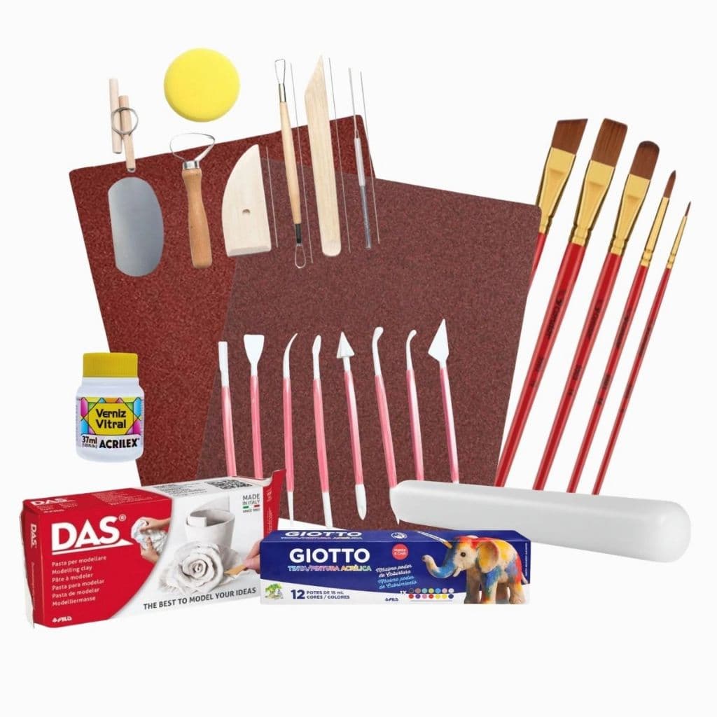 Kit Modelagem Cerâmica Fria Massa DAS 500g Ferramentas Tinta