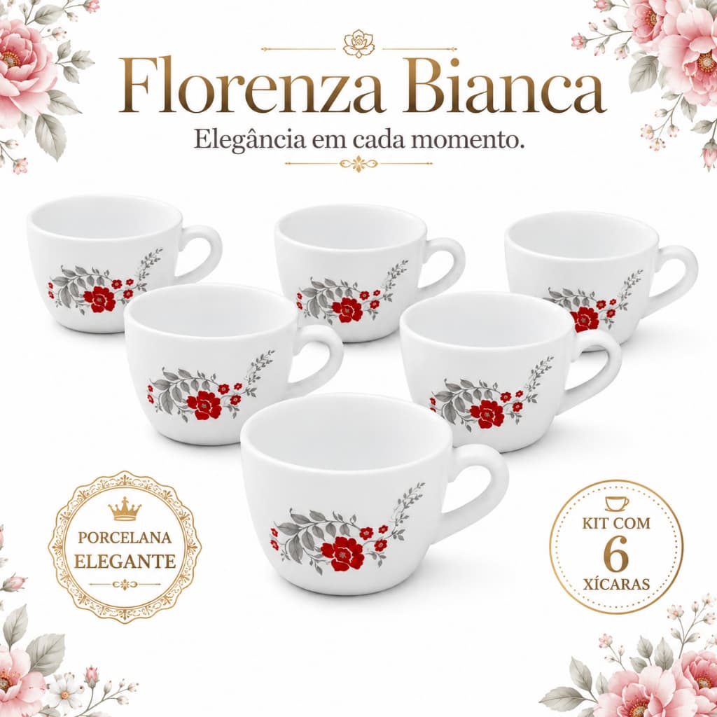 Jogo de Xícaras Chá Porcelana Branca 130ml Kit com 6 Floral Elegante Florenza Bianca