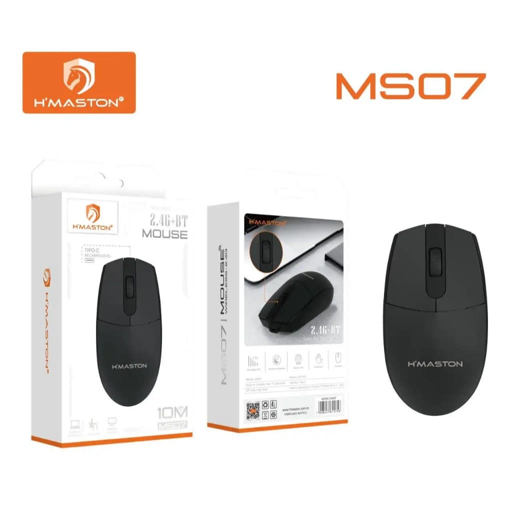 Mouse Sem Fio Óptico H'maston 1200dpi Preto Ambidestro Ergonômico MS07
