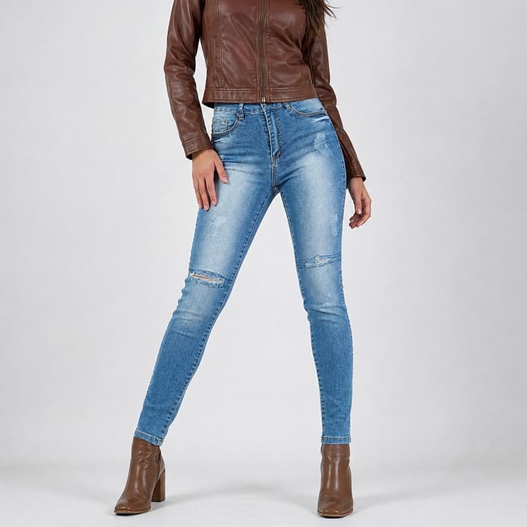 Calça Jeans Feminina Skinny Cintura Alta Destroyed Rasgada Clara Modeladora Com Elastano