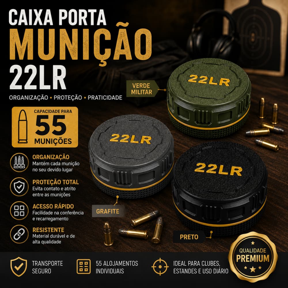 Caixa Estojo Porta Munição .22LR Capacidade 55 Munições Tampa Rosqueável
