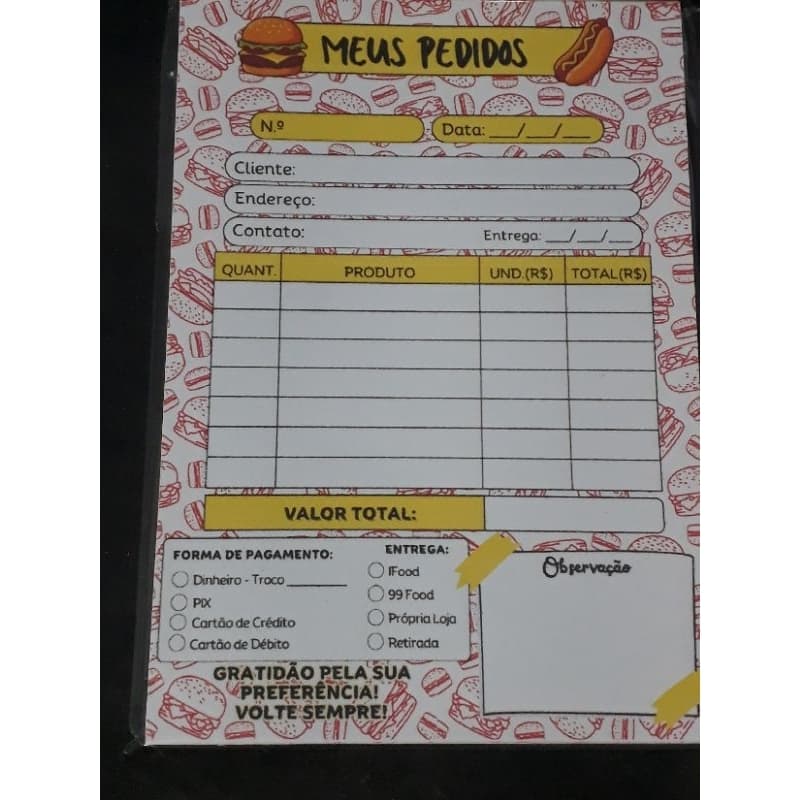 Bloco para Pedido 10x14 com 50 Folhas diversas áreas Hamburgeria, Açaí, Café, Doces , Bolos etc ....