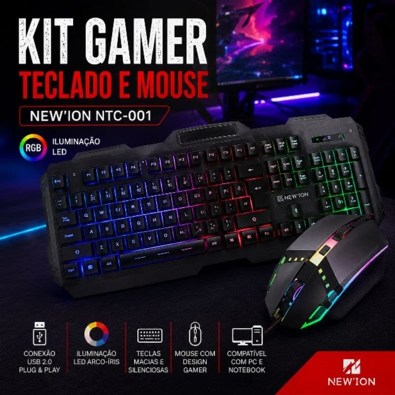 Kit Teclado e Mouse Gamer USB LED RGB New'Ion NTC-001 para PC e Notebook