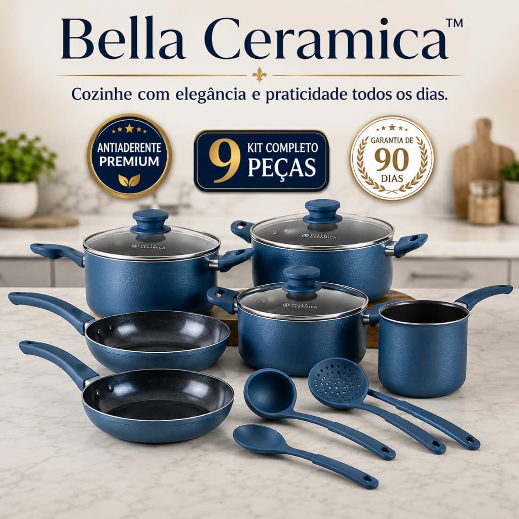 Jogo de Panelas Antiaderente Cerâmica 9 Peças Azul Bella Ceramica Kit Completo Premium