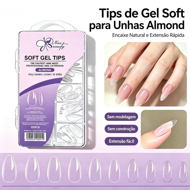 KIT120 Postiças de Unha Soft Gel Almond Transparente 10 Tamanhos Ideal para Alongamento Profissional