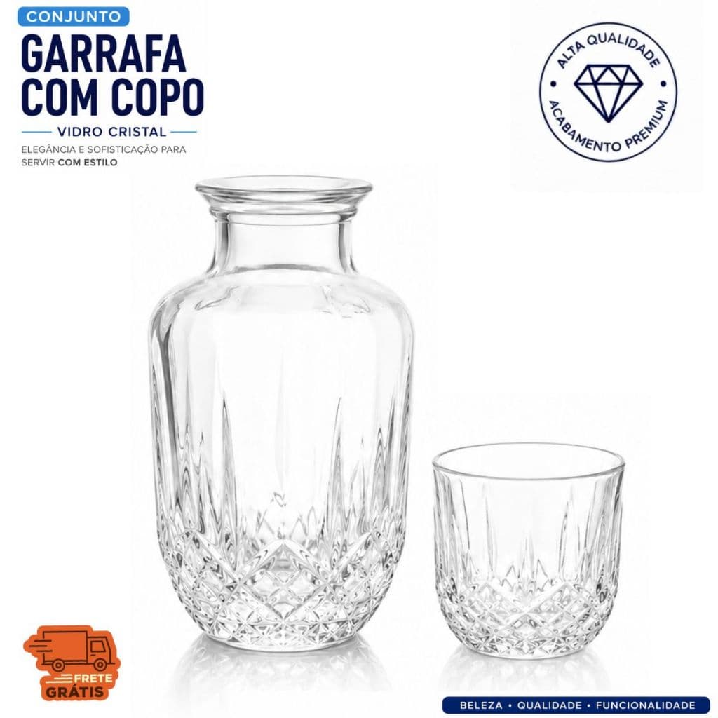 Moringa de Vidro Jarra Garrafa 500ml + Copo Tampa 145ml Para Água Bebidas Sucos Destilados Dyamond