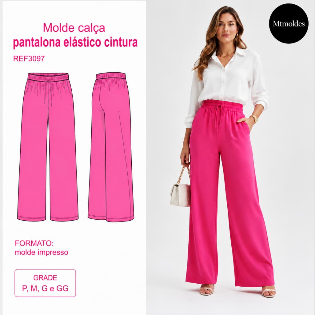 Molde calça pantalona elástico cintura REF3097 P,M,G,GG Multitamanhos Recorte e Costure