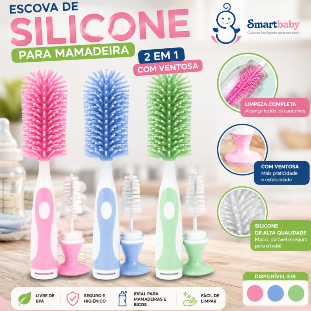 Escova de Silicone para Mamadeira 2 em 1 com Ventosa – Limpeza de Mamadeiras e Bicos – Silicone Macio Rosa, Azul e Verde