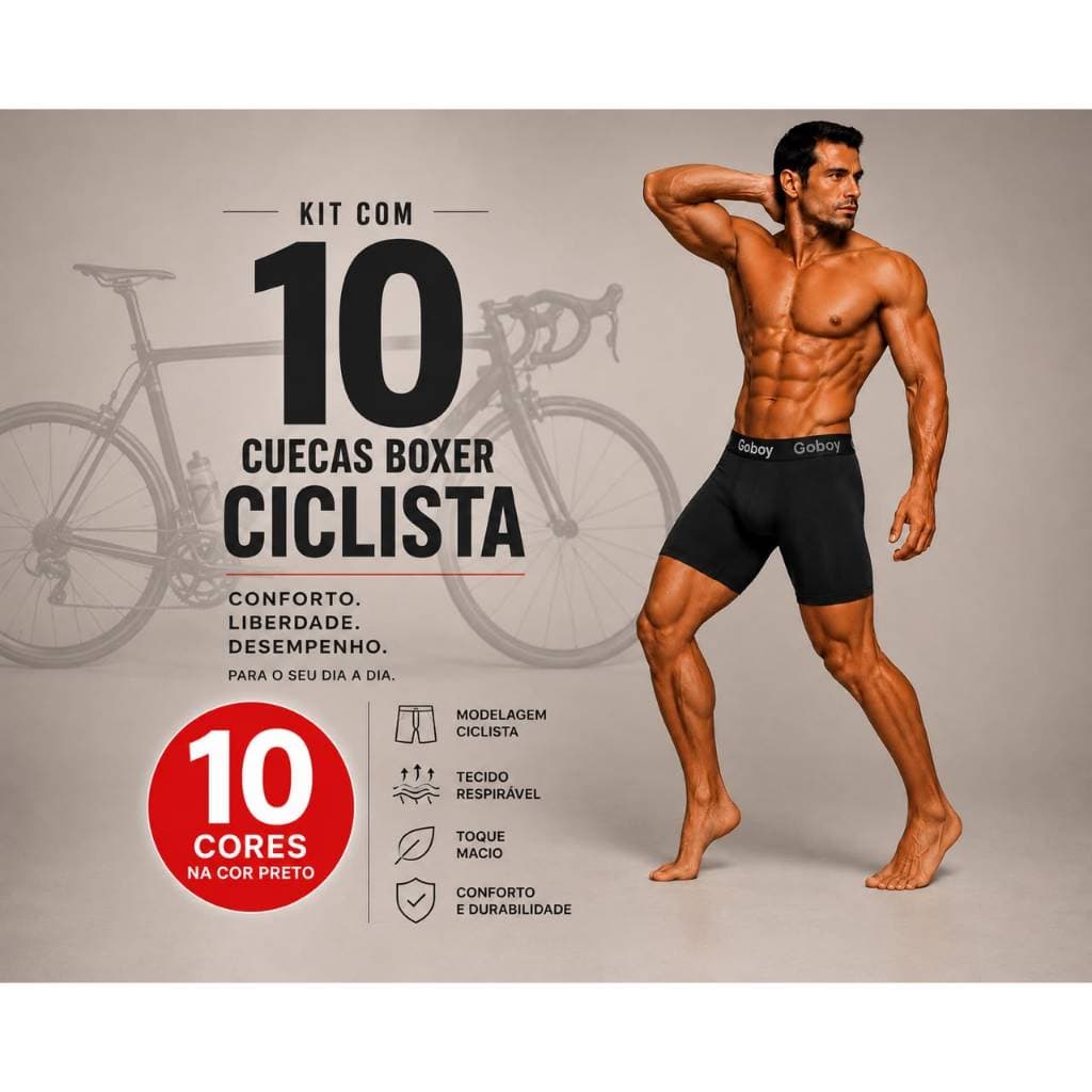 Kit com 10 Cuecas Boxer Ciclista Cor Preto Cueca Box Adulto em Microfibra Lisa