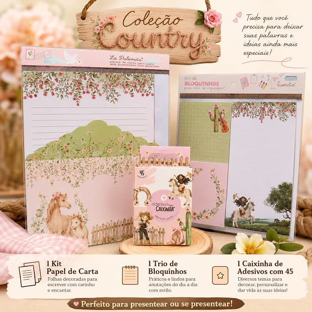 COLEÇÃO CONTRY - BUENDIA - KIT PAPEL DE CARTA+TRIO DE BLOQUINHOS+CAIXINHA DE ADESIVOS