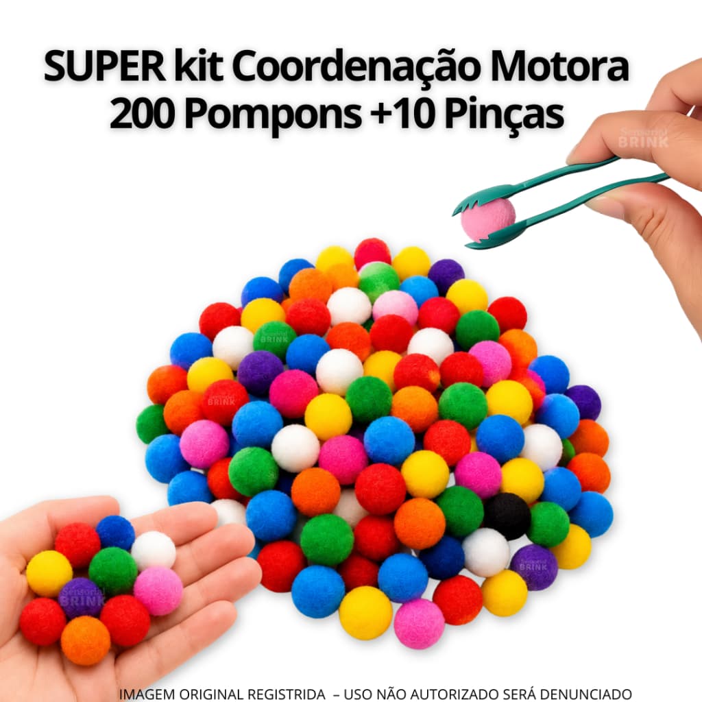 Super Kit 200 Pompons e 10 Pinças Pega Pompom Coordenação Motora Fina Pareamento de Cores Montessori TEA TDAH Brinquedo