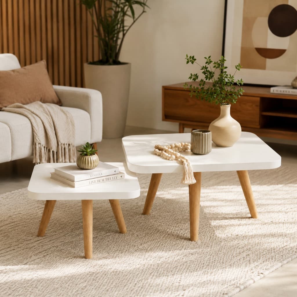 Mesas de Centro  60 CM MDF Branco Pés de Pinus Sala de Estar Minimalista Moderna Decorativa Premium