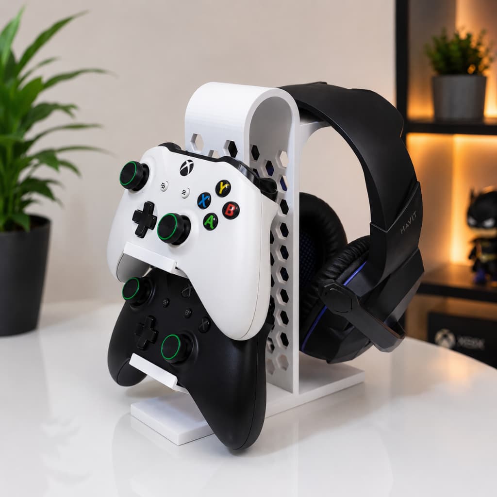 Suporte Gamer de Mesa para 2 Controles PS5 Xbox PS4 e Headset Organizador Setup