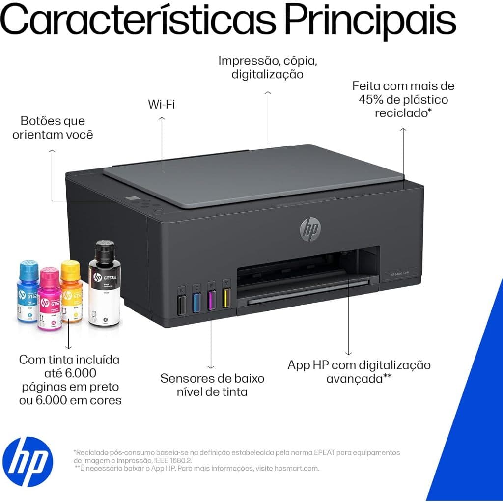 Impressora Multifuncional HP Smart Tank 584 Wi-Fi Tanque de Tinta Colorida USB Copia Digitaliza Bivolt