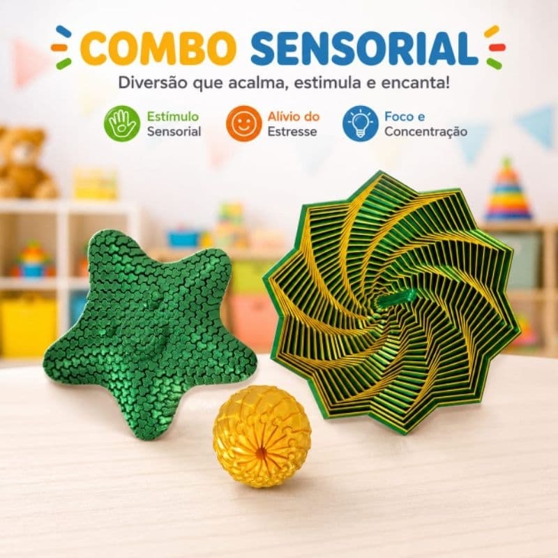 Combo Sensorial: Estrela Articulada, Estrela Giratória, Bola Sensorial e Cubo Infinito 🧩
