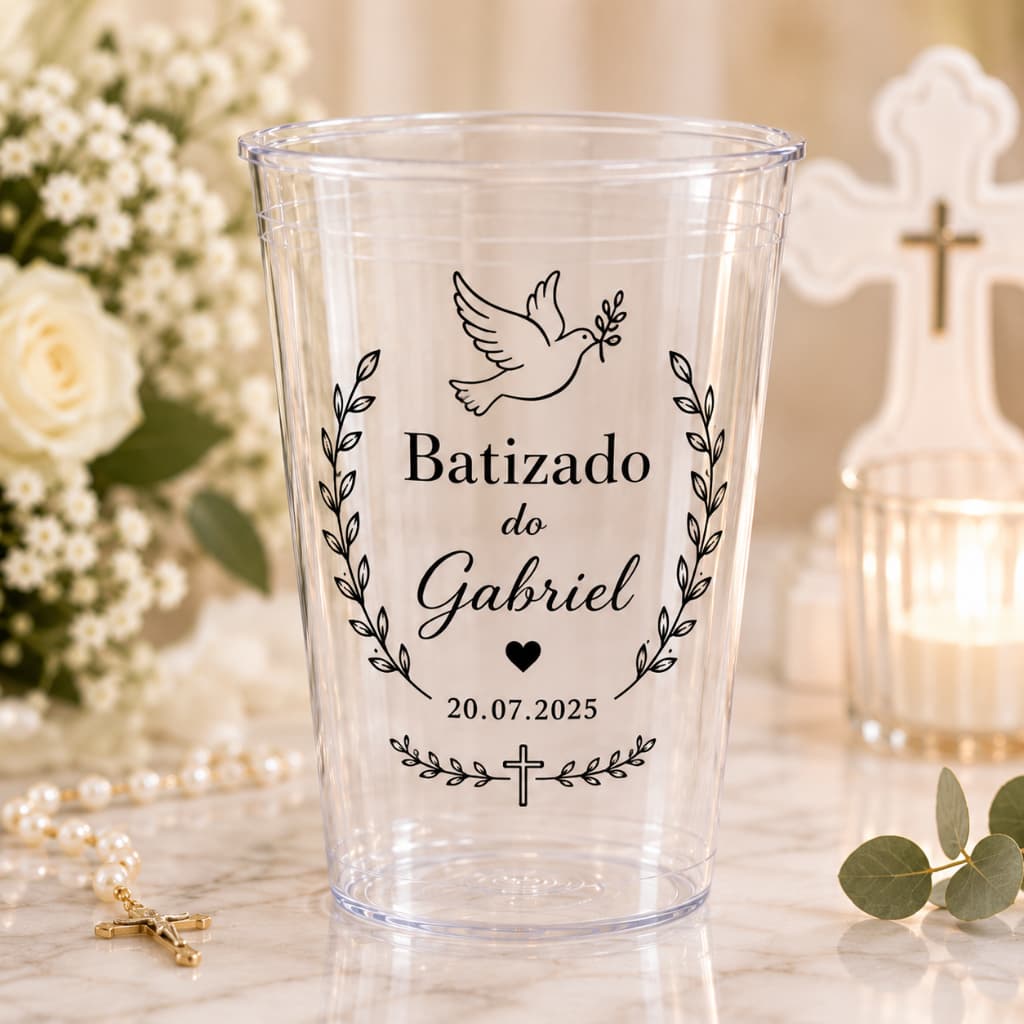 Copo Descartável Personalizado Batizado 330ml | Lembrancinha de Batismo | Copo Premium Transparente | 50, 100, 200 e 300