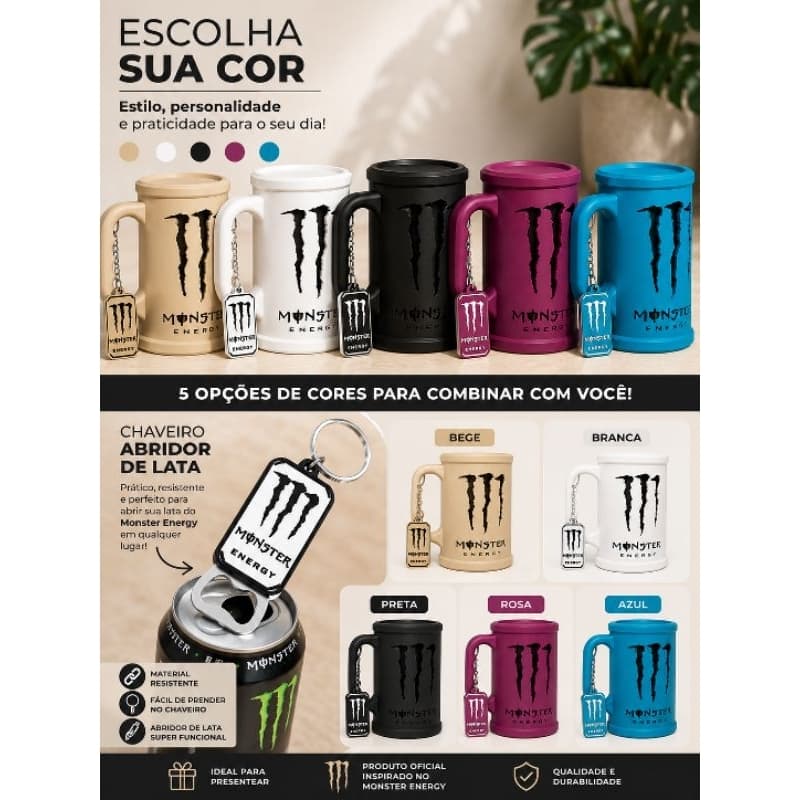 Caneca Porta Lata 473ml Monster + Chaveiro Abridor de Lata Impressão 3D Várias Cores