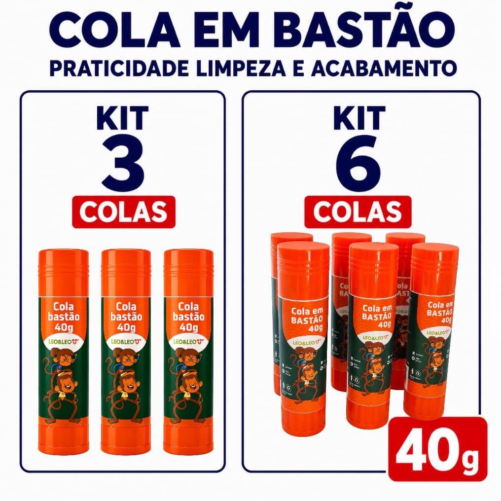 Kit Cola em Bastão 40 g Leo e Leo para Material Escolar Colagem Perfeita Não Tóxico Papel Cartolina
