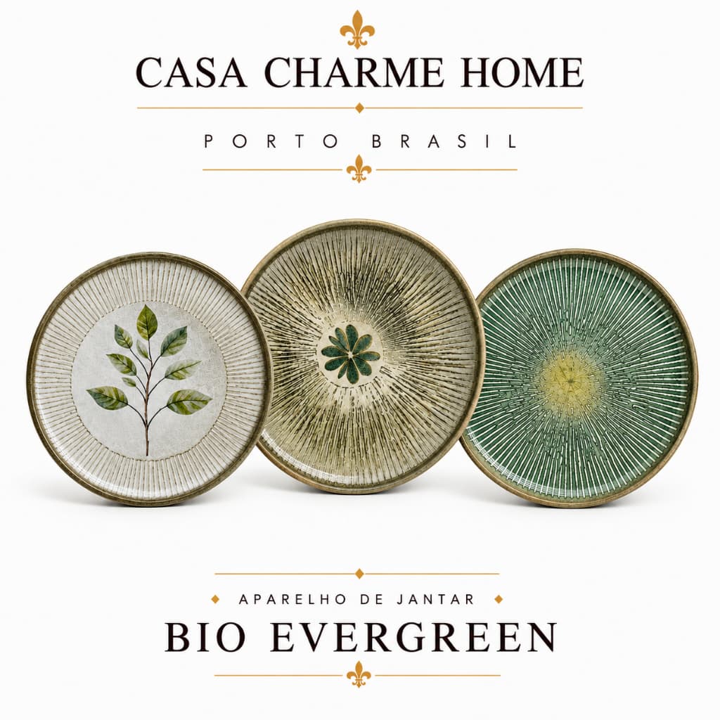 Aparelho de Jantar 12 Pecas Porto Brasil Bio Evergreen 4 Lugares Pratos Raso Fundo Sobremesa Ceramica Premium