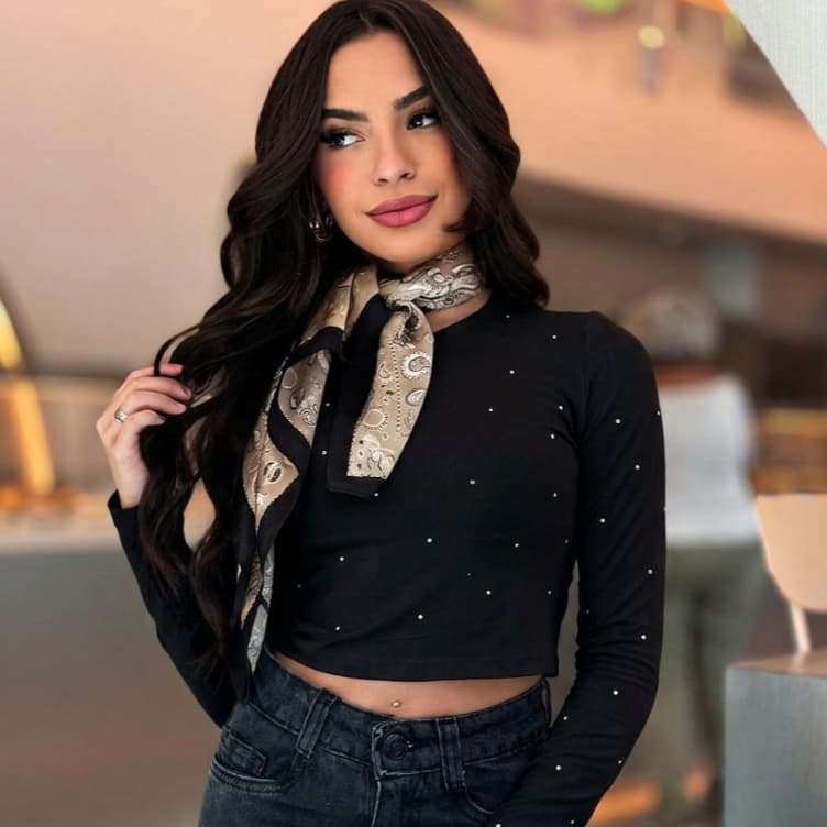 Cropped Manga Longa Com Brilho Blusa Feminina Gola Redonda Viscolaycra Premium Festa Brilhosa Luxo