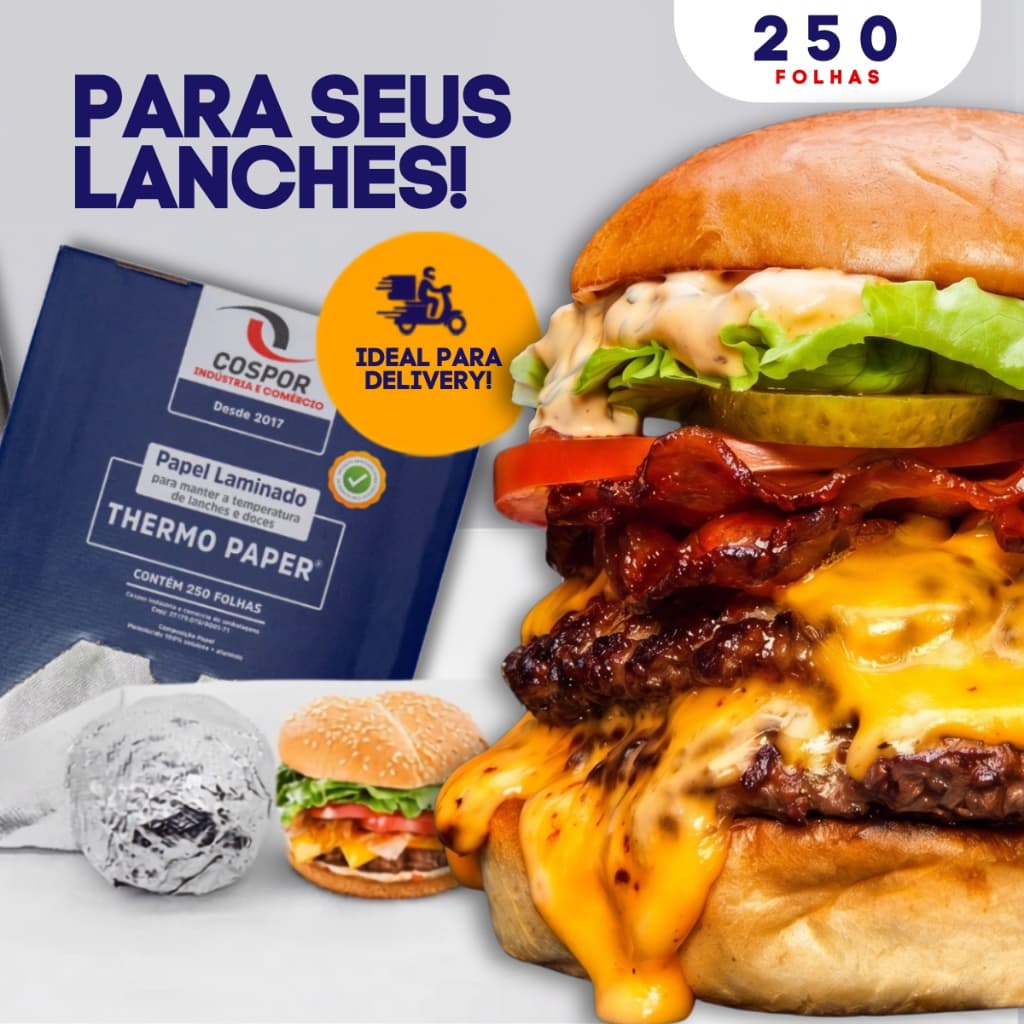 Papel Acoplado Térmico Laminado Delivery 30x40cm 250 Folhas Isola Calor Salgado Doce Lanche Ifood