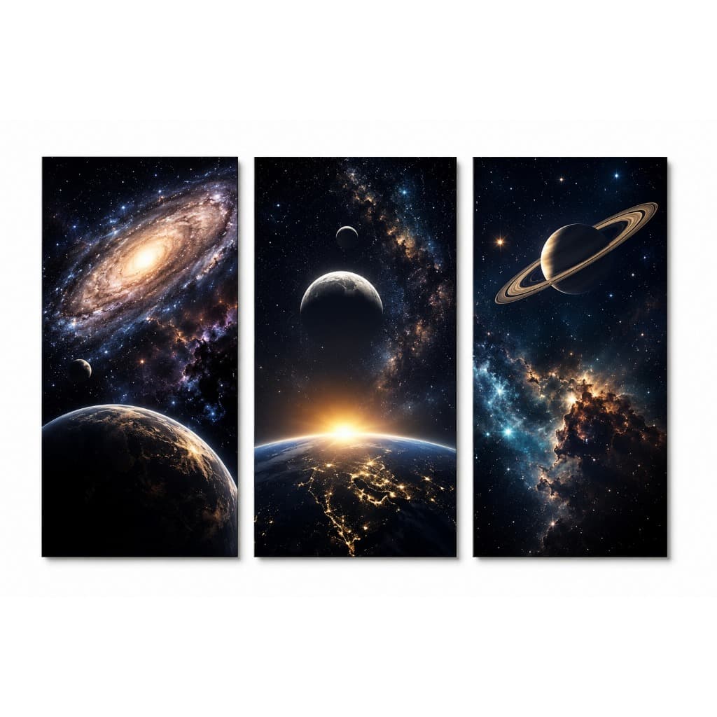 Kit 3 Quadros Universo Espaço Sideral Galáxia Planetas Decoração Moderna