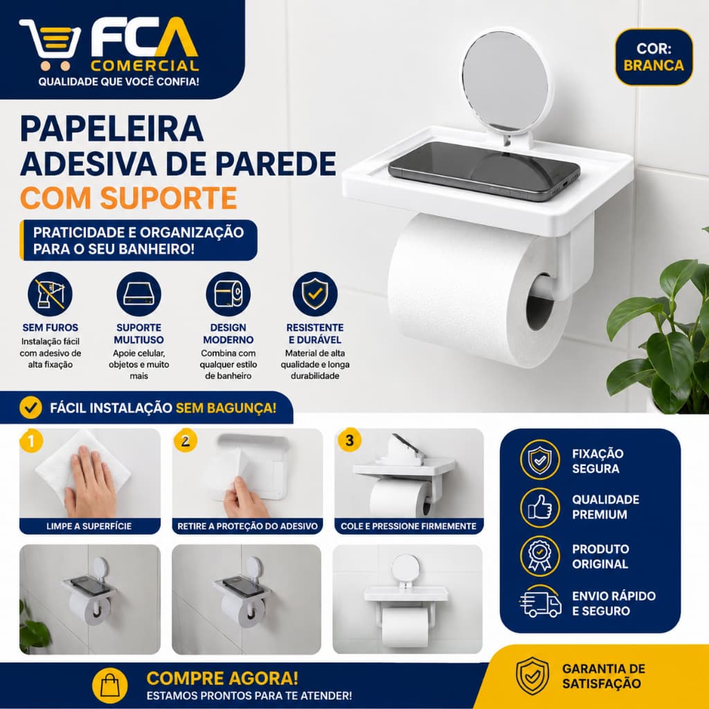 Porta Papel Higiênico Adesivo Astra Com Prateleira Suporte Celular Sem Furar Branco