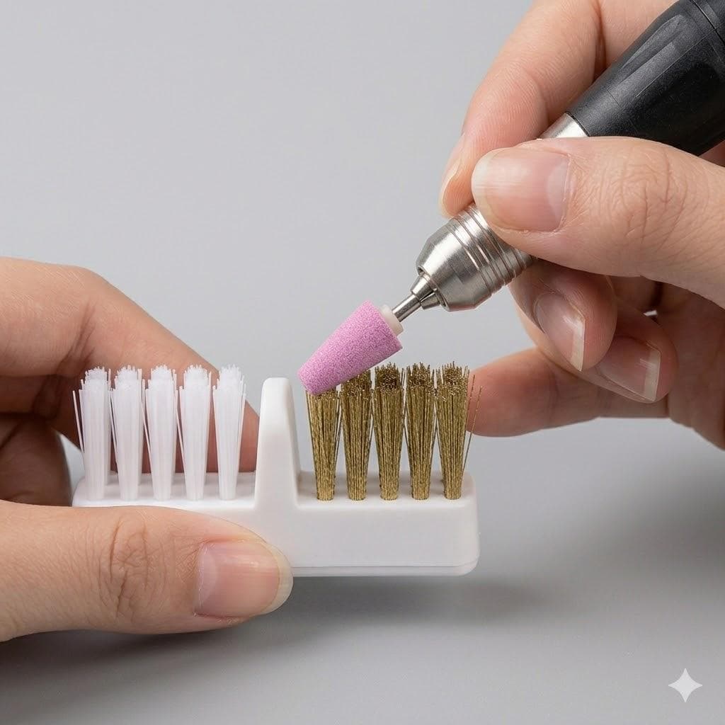 Escova Dupla Para Limpeza De Broca Motor Unha Gel Cerdas Metal Nylon