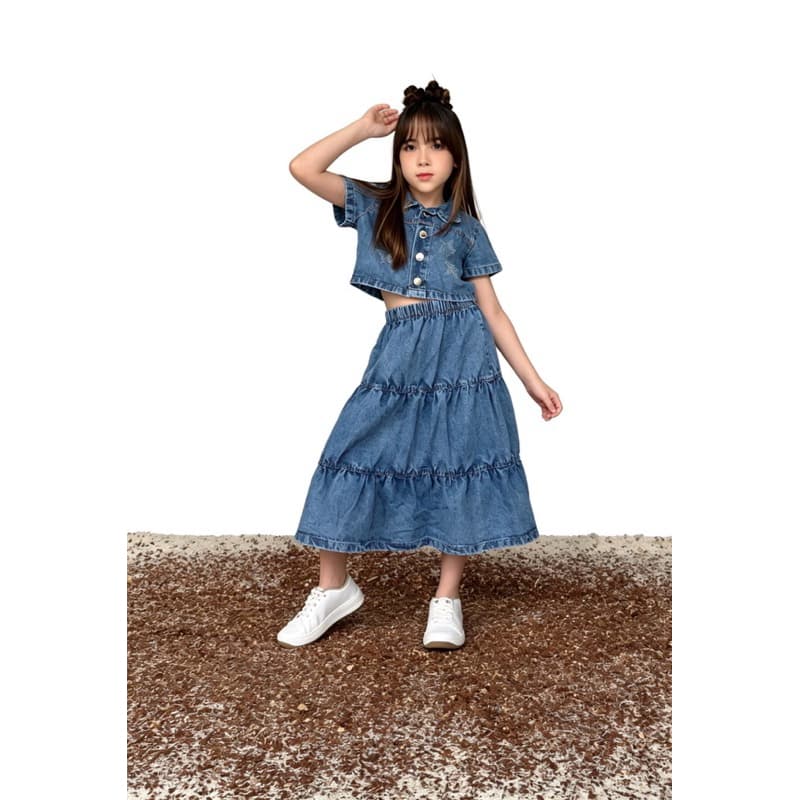 Conjunto jeans de saia longa com top tres marias ref 022