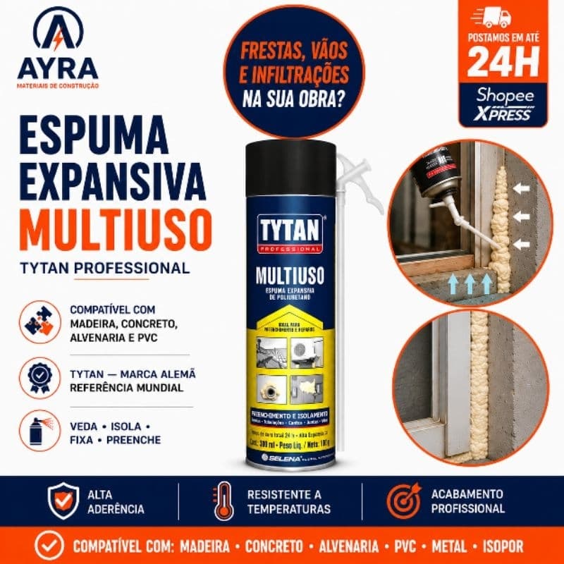 Espuma Expansiva Poliuretano Tytan 300ml Veda Isola Cola Construção Uso Geral Alta Fixação
