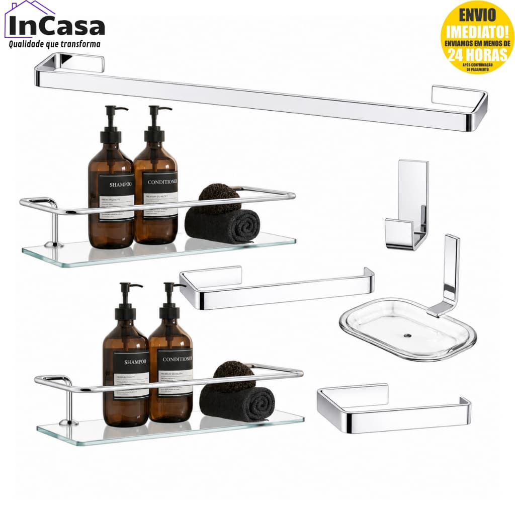 Kit De Banheiro Luxo Quadrado Cromado Em Inox Alumínio Com Porta Shampoo Organizador Completo